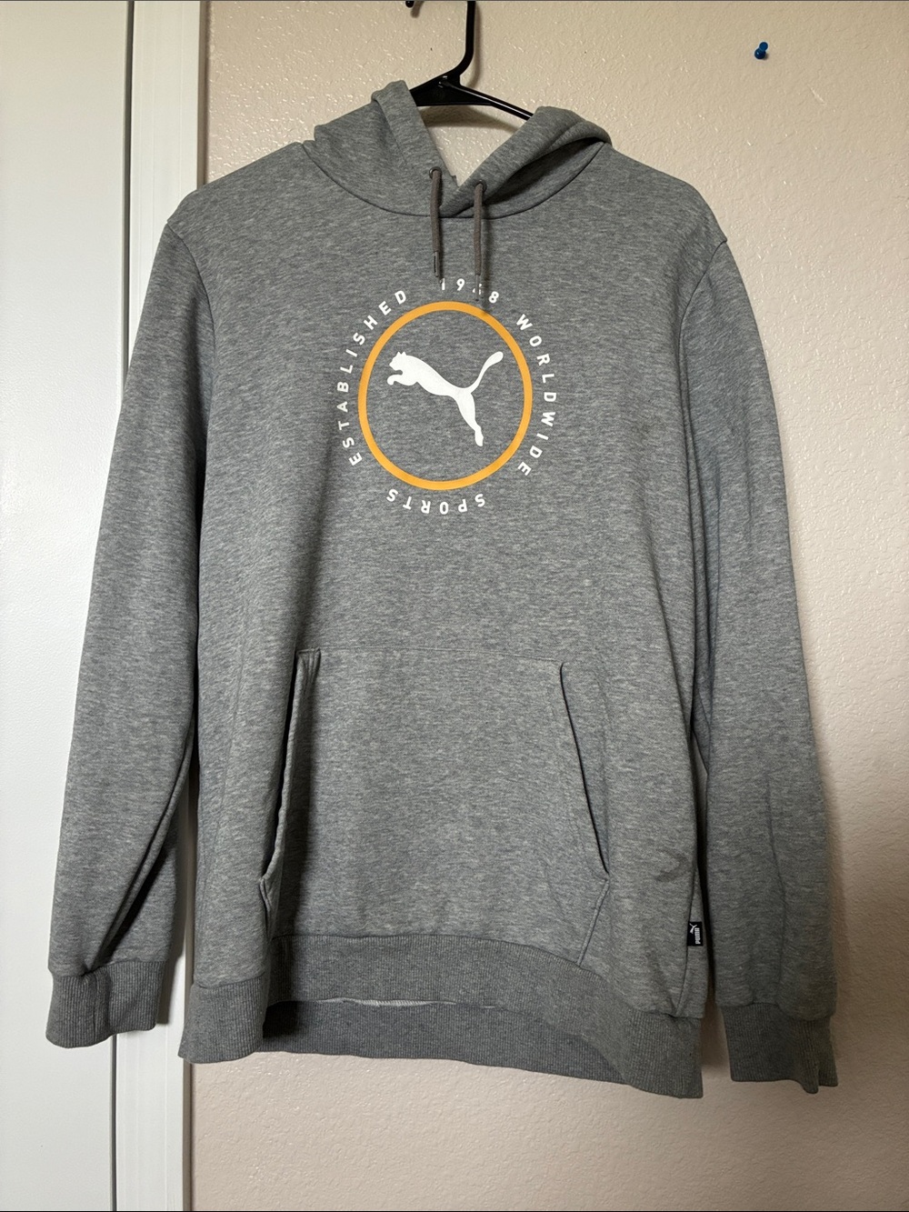 Puma Gray Hoodie with White Puma Logo and Yellow Ring